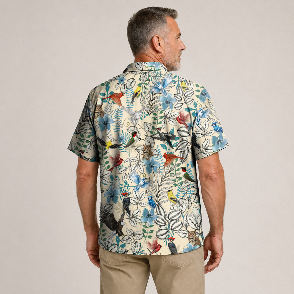 Bird Watching Shirt for Men – Colorful Birds, Butterflies & Botanical Hawaiian Button Down