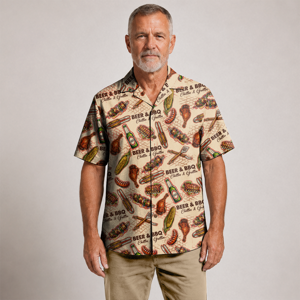 BBQ Shirt for Men - Hawaiian Print Short Sleeve Button-Up