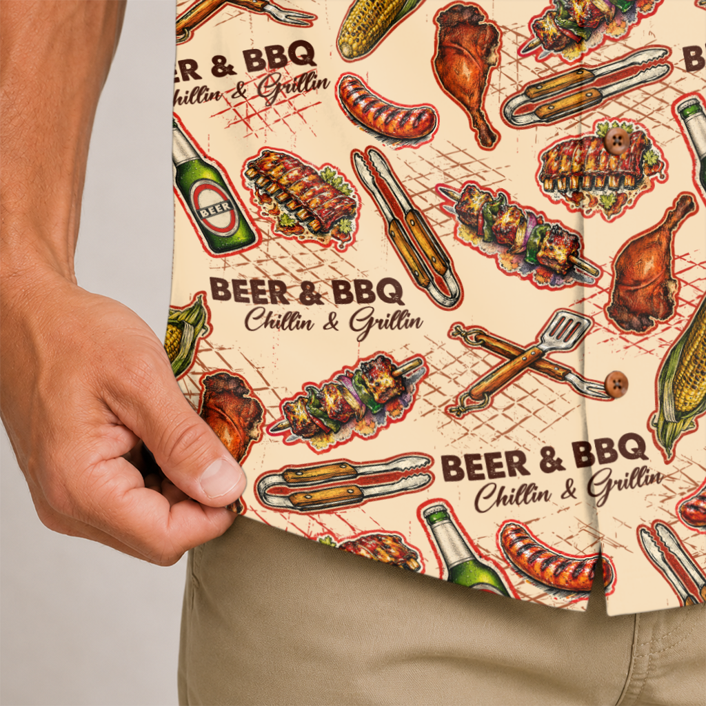 BBQ Shirt for Men - Hawaiian Print Short Sleeve Button-Up