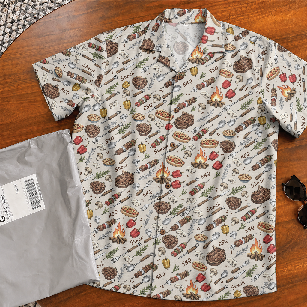 BBQ Shirt for Men - Hawaiian Print Short Sleeve Button-Up