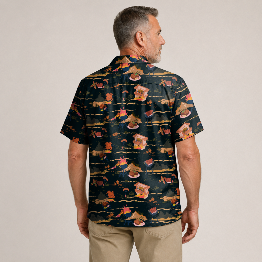 BBQ Shirt for Men - Hawaiian Print Short Sleeve Button-Up