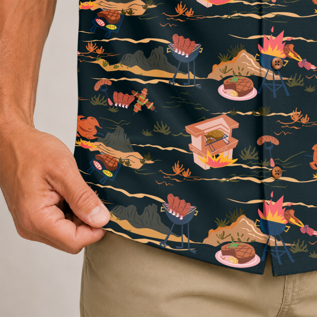 BBQ Shirt for Men - Hawaiian Print Short Sleeve Button-Up