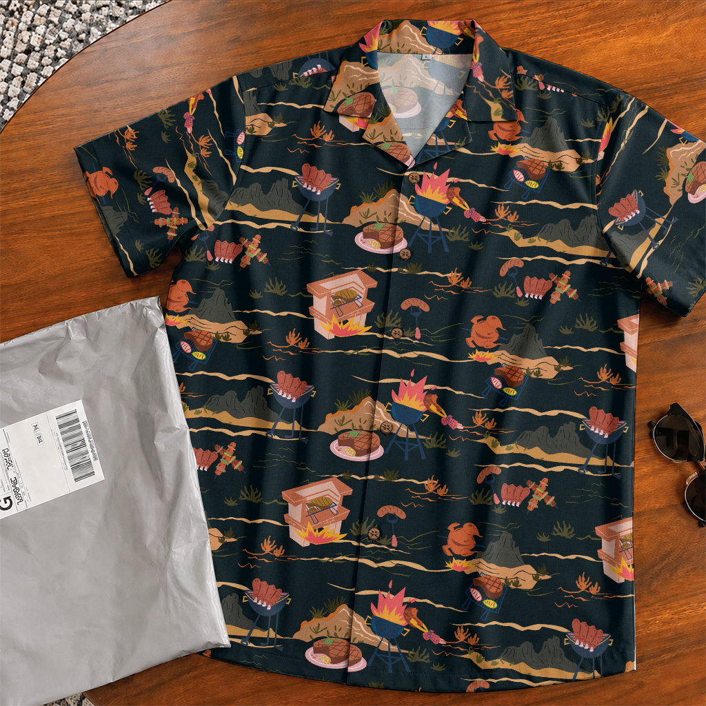 BBQ Shirt for Men - Hawaiian Print Short Sleeve Button-Up
