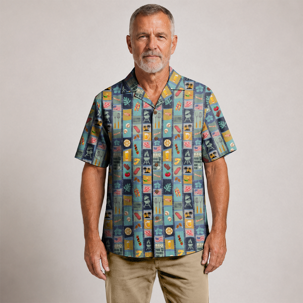BBQ Shirt for Men - Hawaiian Print Short Sleeve Button-Up