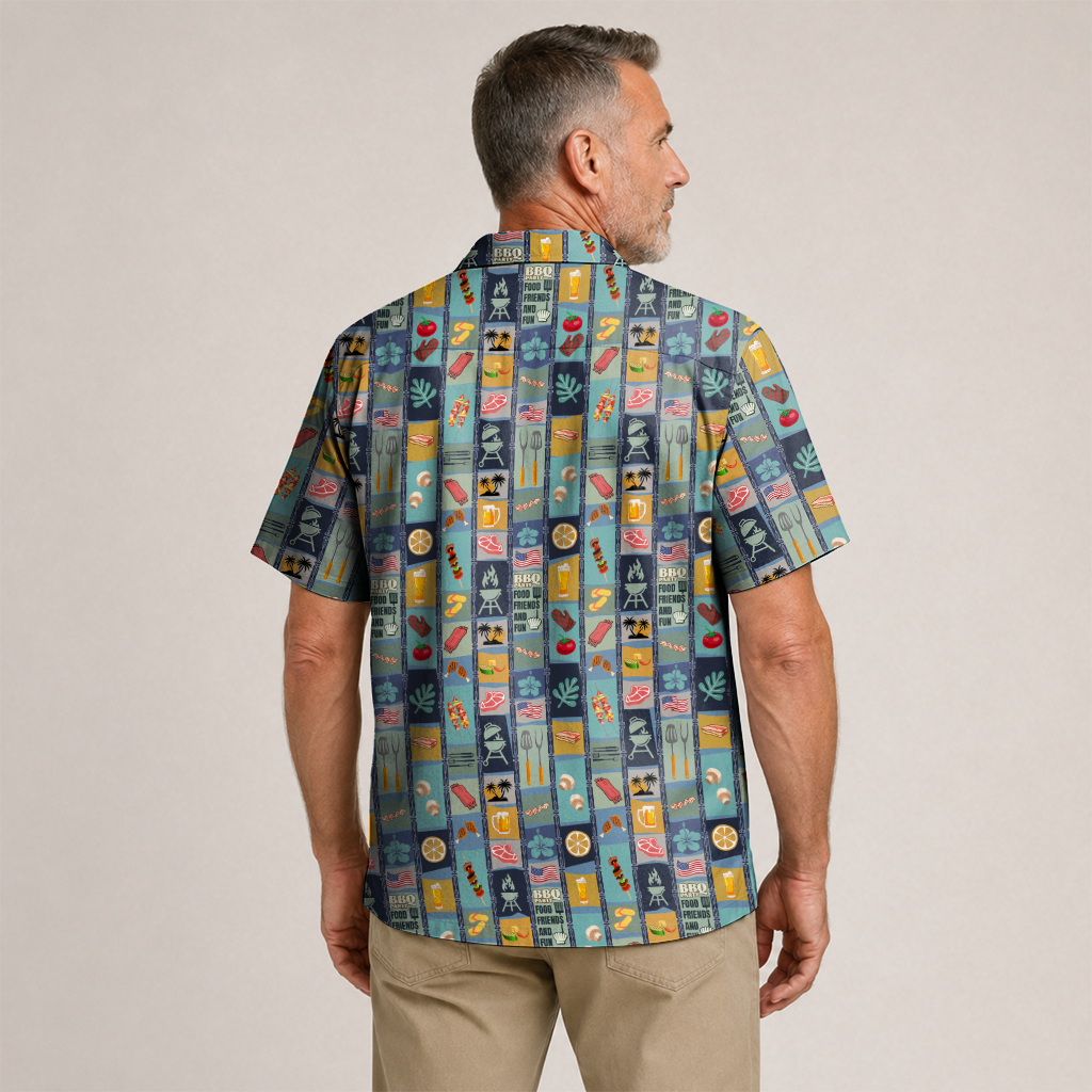 BBQ Shirt for Men - Hawaiian Print Short Sleeve Button-Up