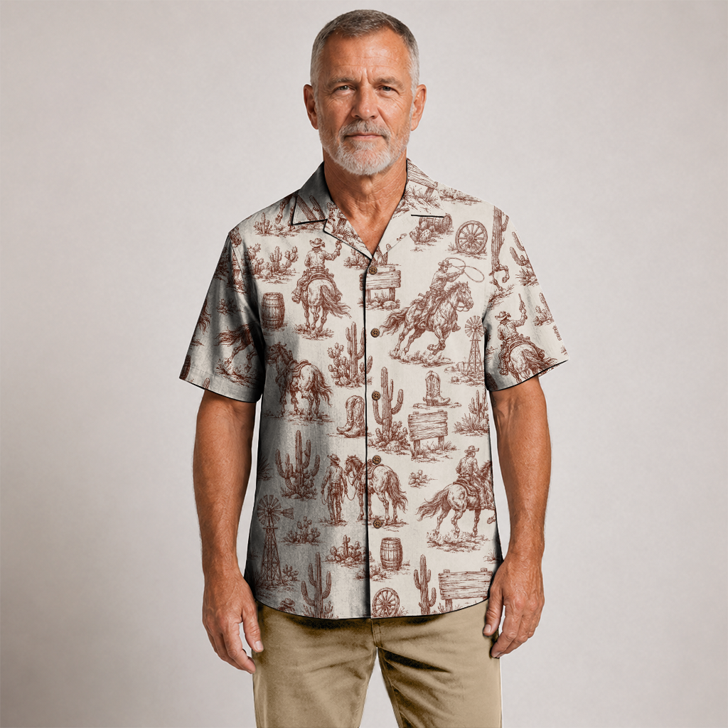 Cowboy Shirt for Men - Western Hawaiian Print Short Sleeve
