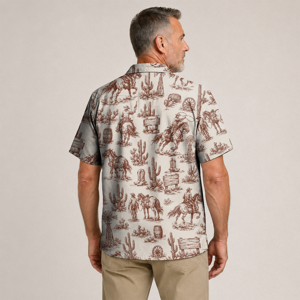 Cowboy Shirt for Men - Western Hawaiian Print Short Sleeve