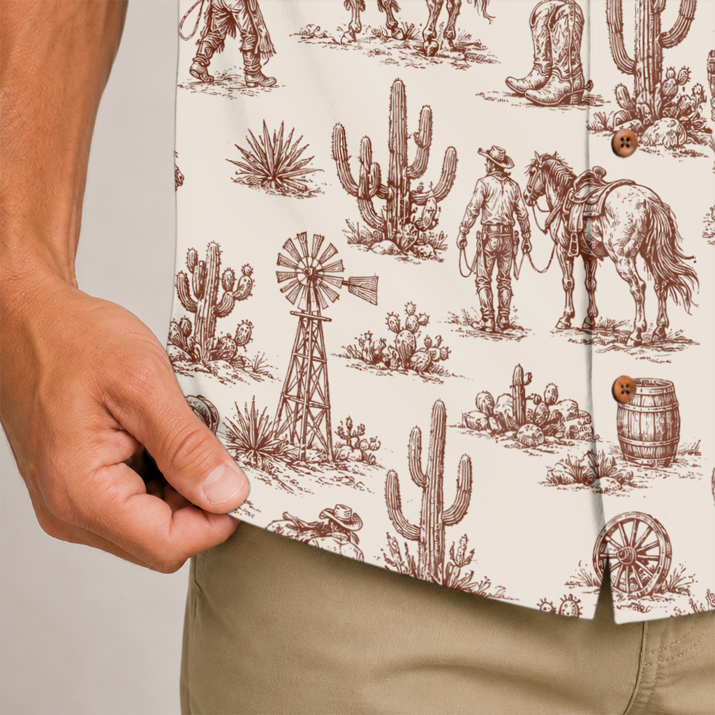 Cowboy Shirt for Men - Western Hawaiian Print Short Sleeve