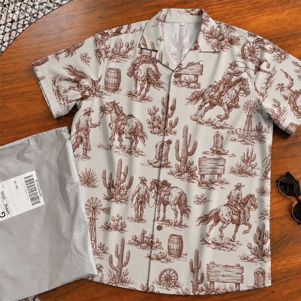 Cowboy Shirt for Men - Western Hawaiian Print Short Sleeve