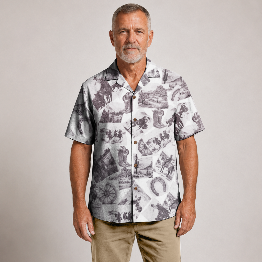 Men's Western Hawaiian Shirt - Cowboy Print Button-Up