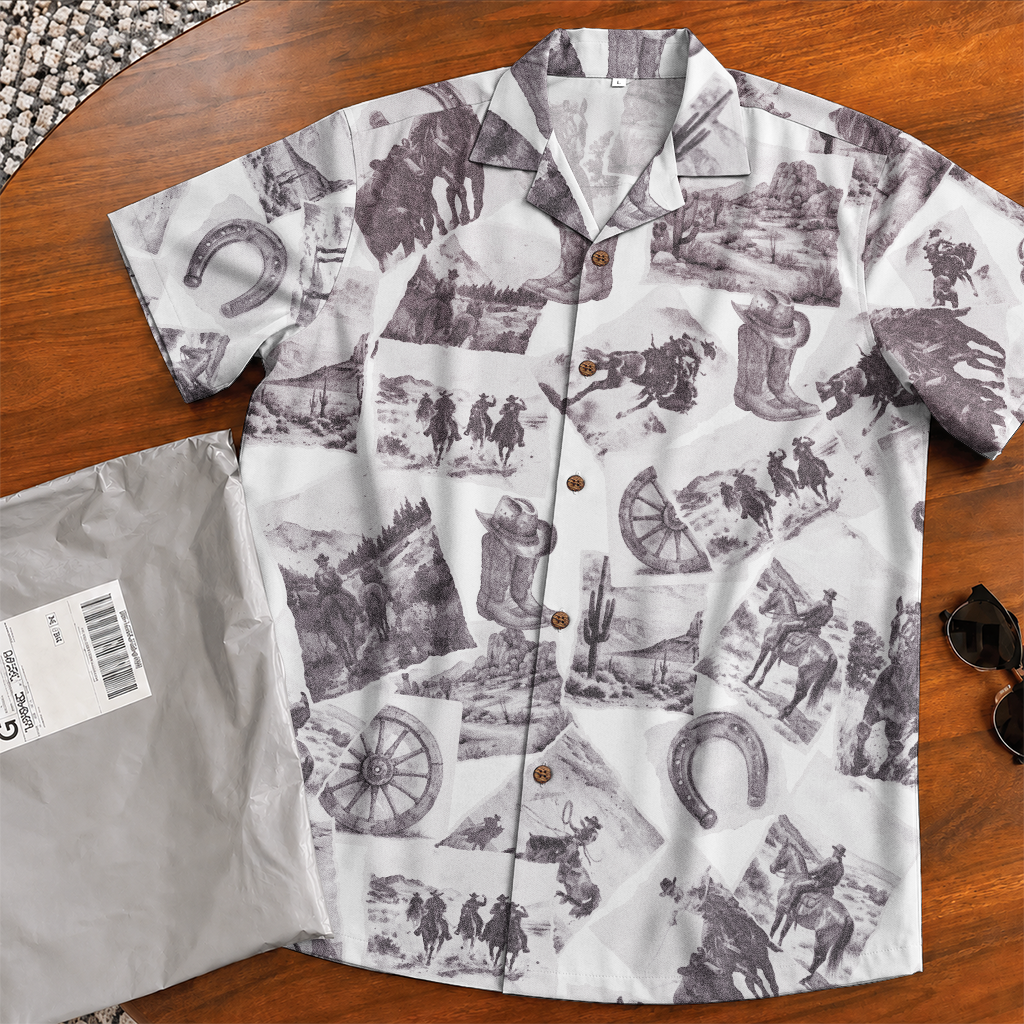 Men's Western Hawaiian Shirt - Cowboy Print Button-Up