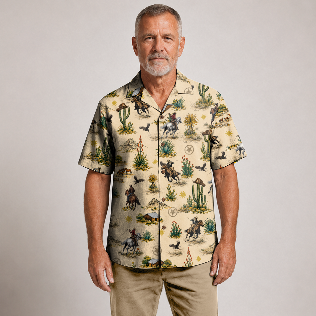 Men's Western Hawaiian Shirt - Cowboy Print Button-Up