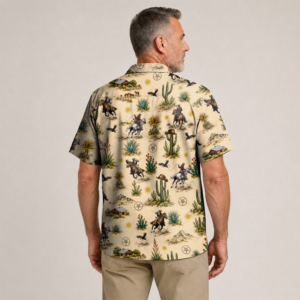 Men's Western Hawaiian Shirt - Cowboy Print Button-Up