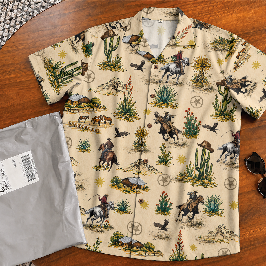 Men's Western Hawaiian Shirt - Cowboy Print Button-Up