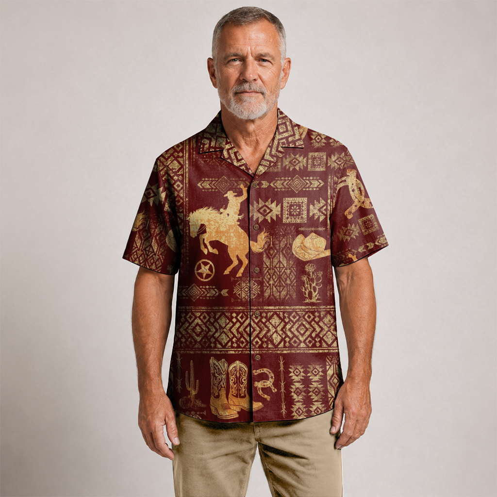 Men's Western Hawaiian Shirt - Cowboy Print Button-Up