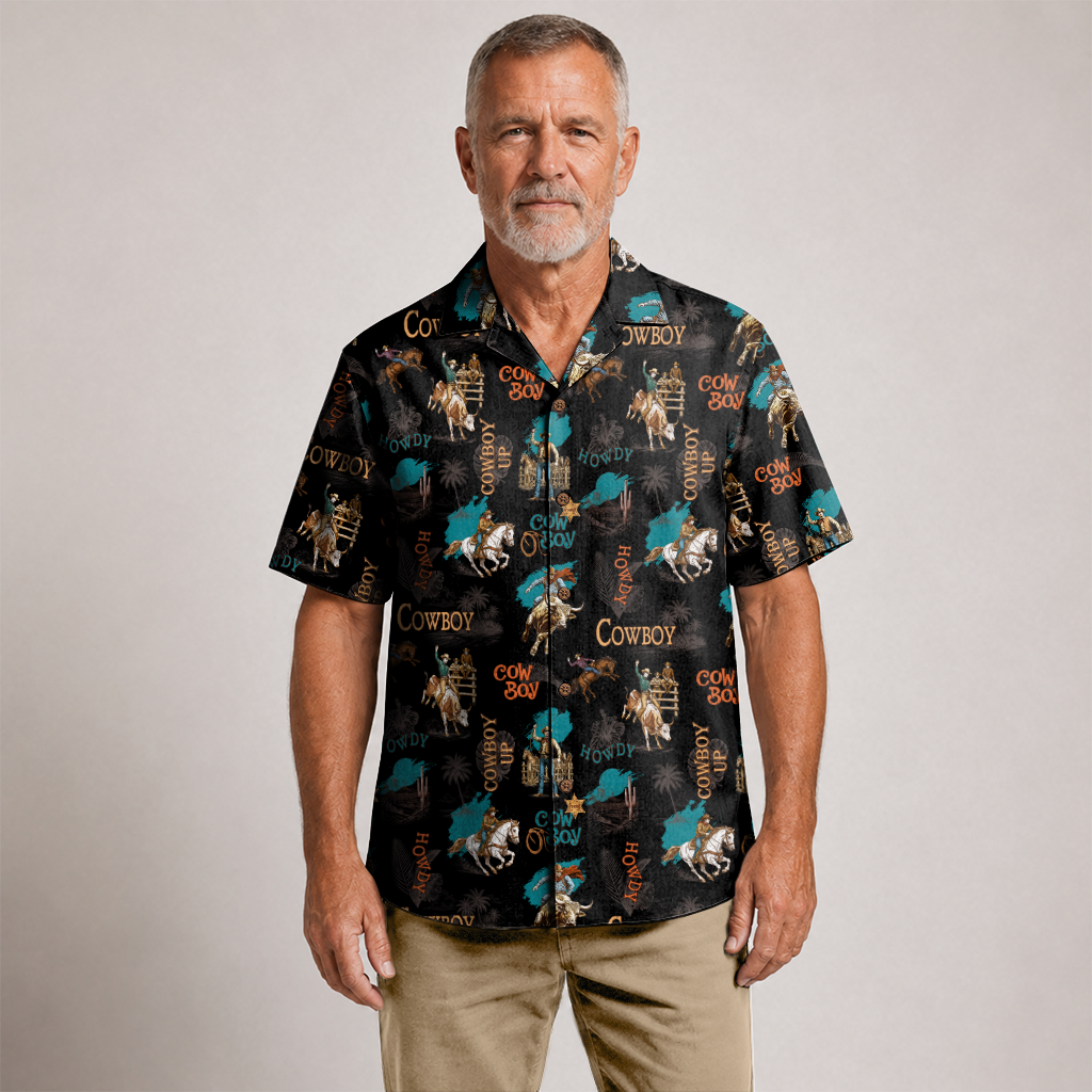 Men's Cowboy Hawaiian Shirt - Western Print Button-Up