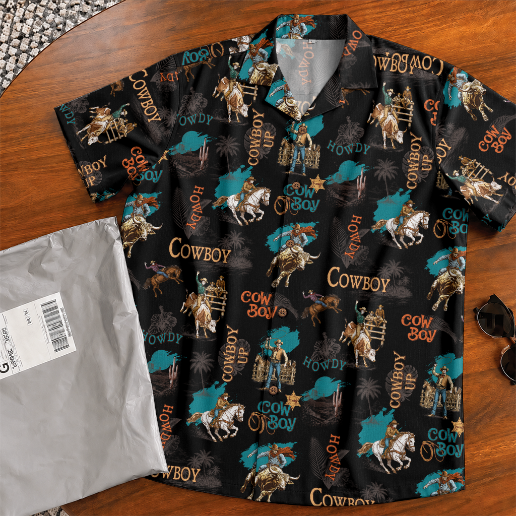 Men's Cowboy Hawaiian Shirt - Western Print Button-Up