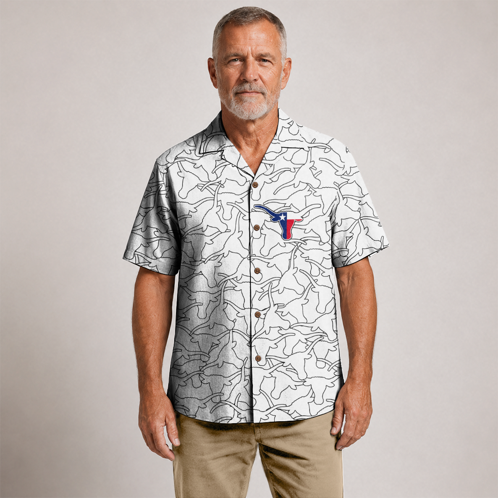 Men's Texas Button-Up Hawaiian Shirt - White Lone Star Longhorn Print