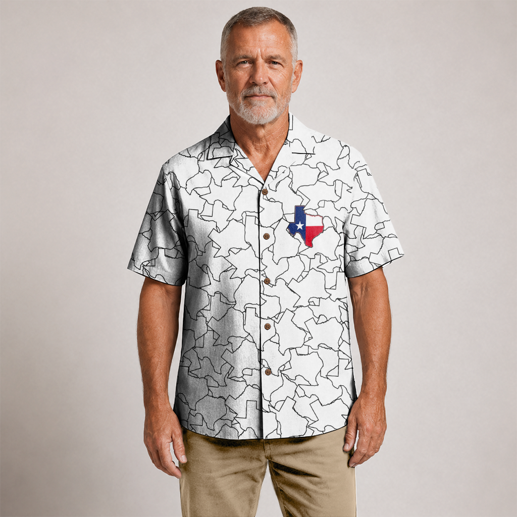 Men's Western Hawaiian Shirt - White Texas Map Print