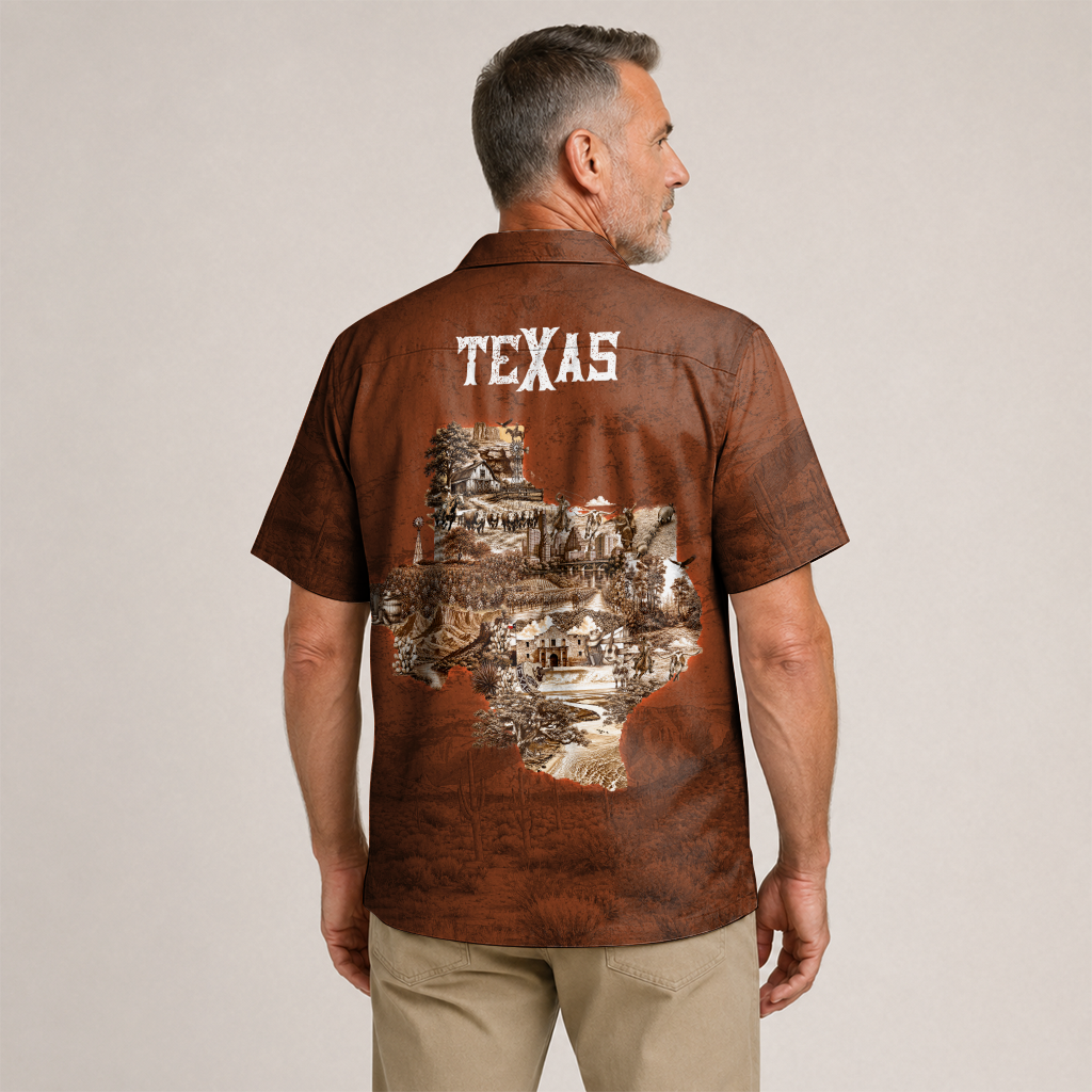 Men's Western Hawaiian Shirt - Brown Vintage Texas Heritage