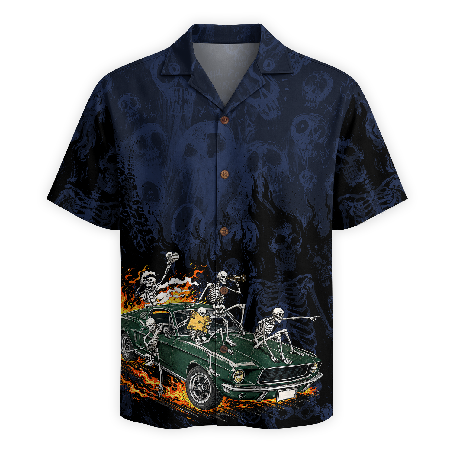 Skeleton Crew Highway Outlaws Muscle Car Hawaiian Shirt - Navy Edition