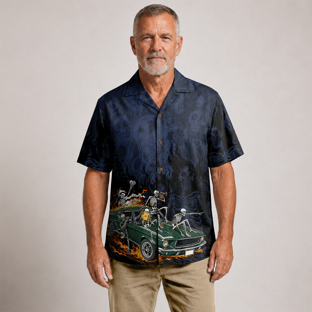 Skeleton Crew Highway Outlaws Muscle Car Hawaiian Shirt - Navy Edition