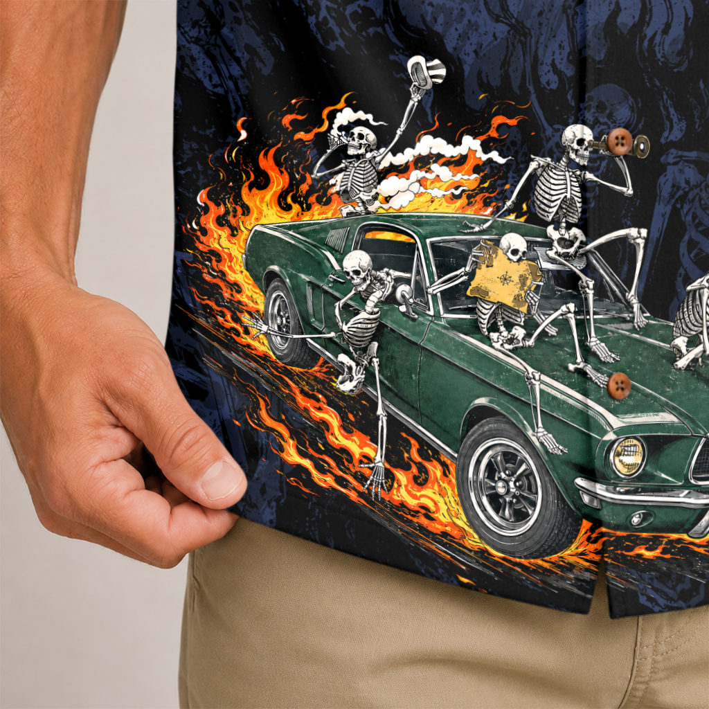 Skeleton Crew Highway Outlaws Muscle Car Hawaiian Shirt - Navy Edition