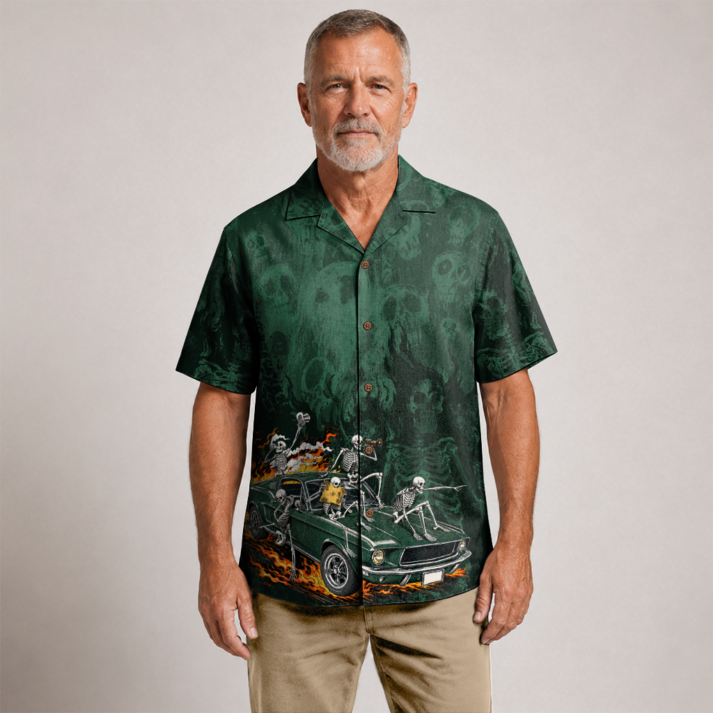 Skeleton Crew Highway Outlaws Muscle Car Hawaiian Shirt - Green Edition