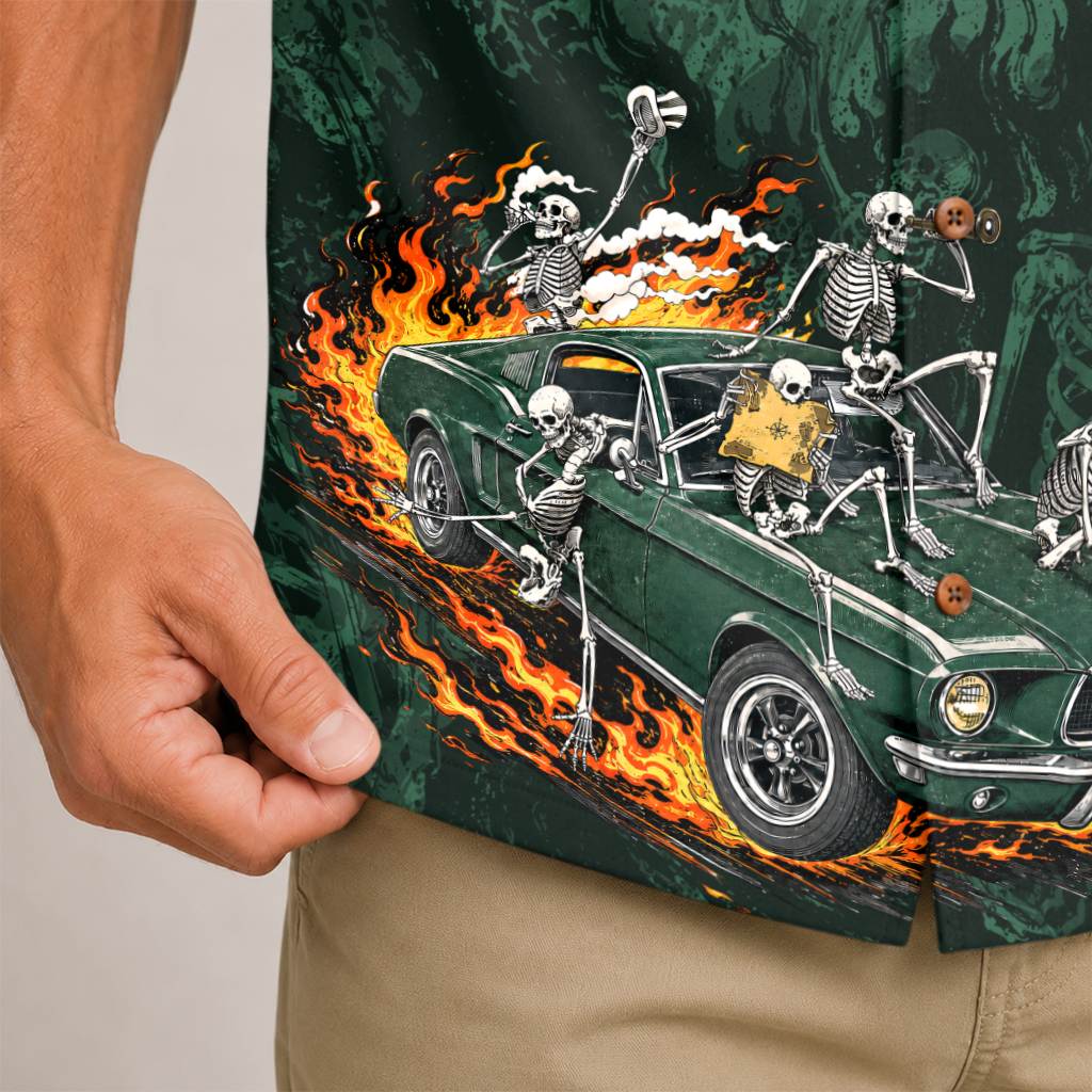 Skeleton Crew Highway Outlaws Muscle Car Hawaiian Shirt - Green Edition