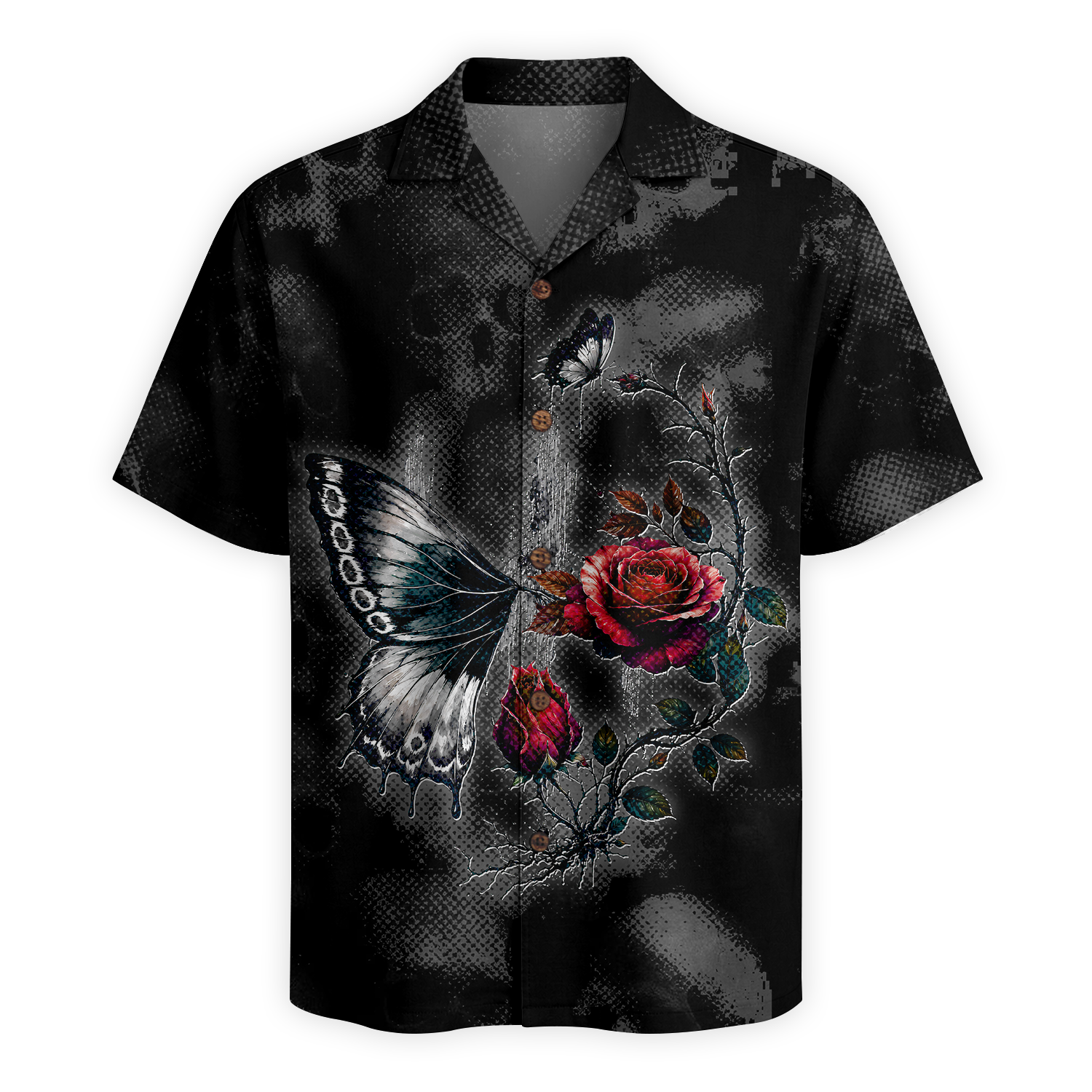 Hidden Skull Illusion Rose & Butterfly Hawaiian Shirt - Black Edition