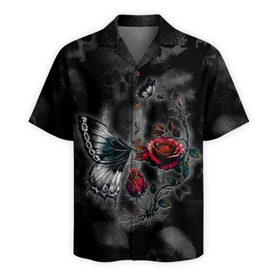 Hidden Skull Illusion Rose & Butterfly Hawaiian Shirt - Black Edition