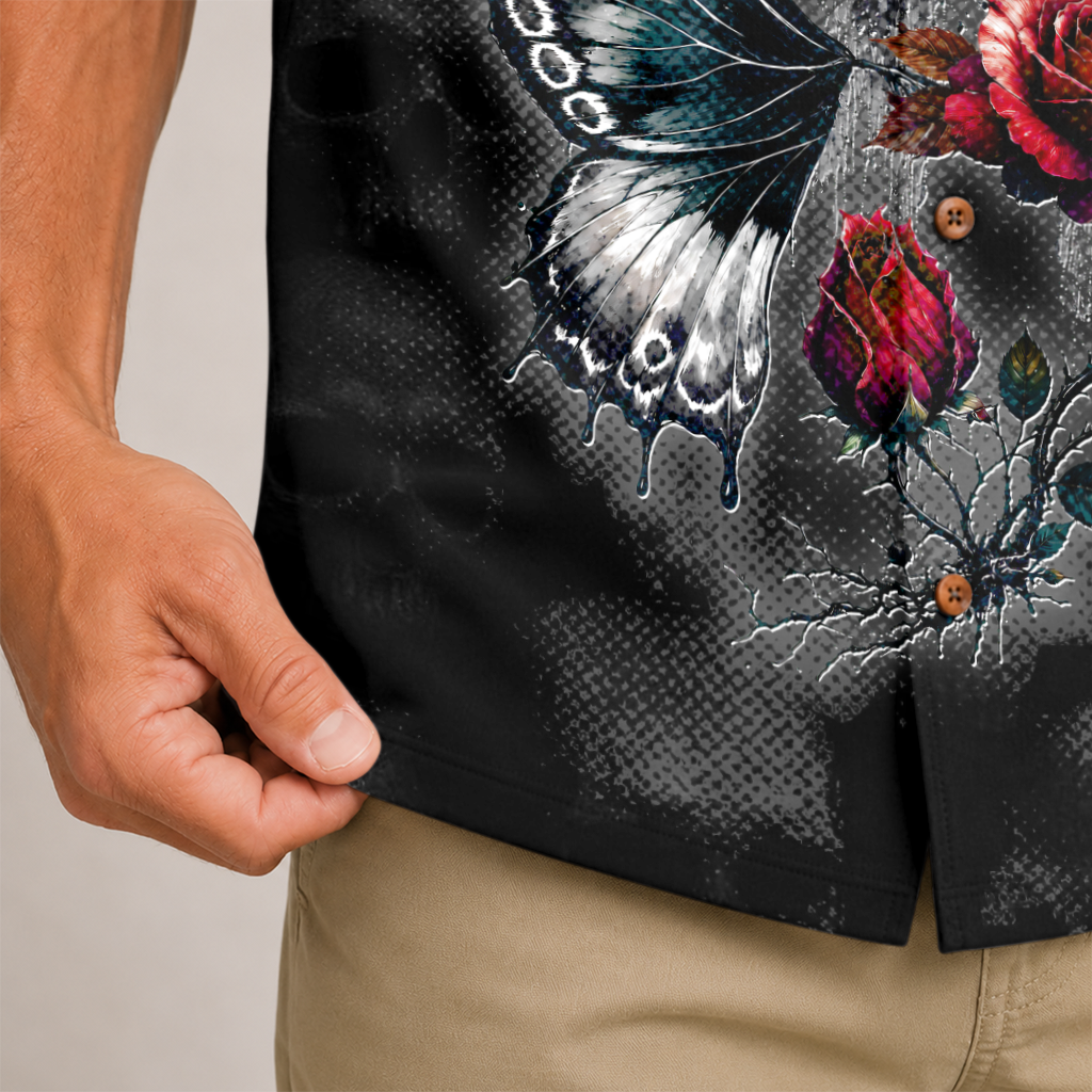Hidden Skull Illusion Rose & Butterfly Hawaiian Shirt - Black Edition
