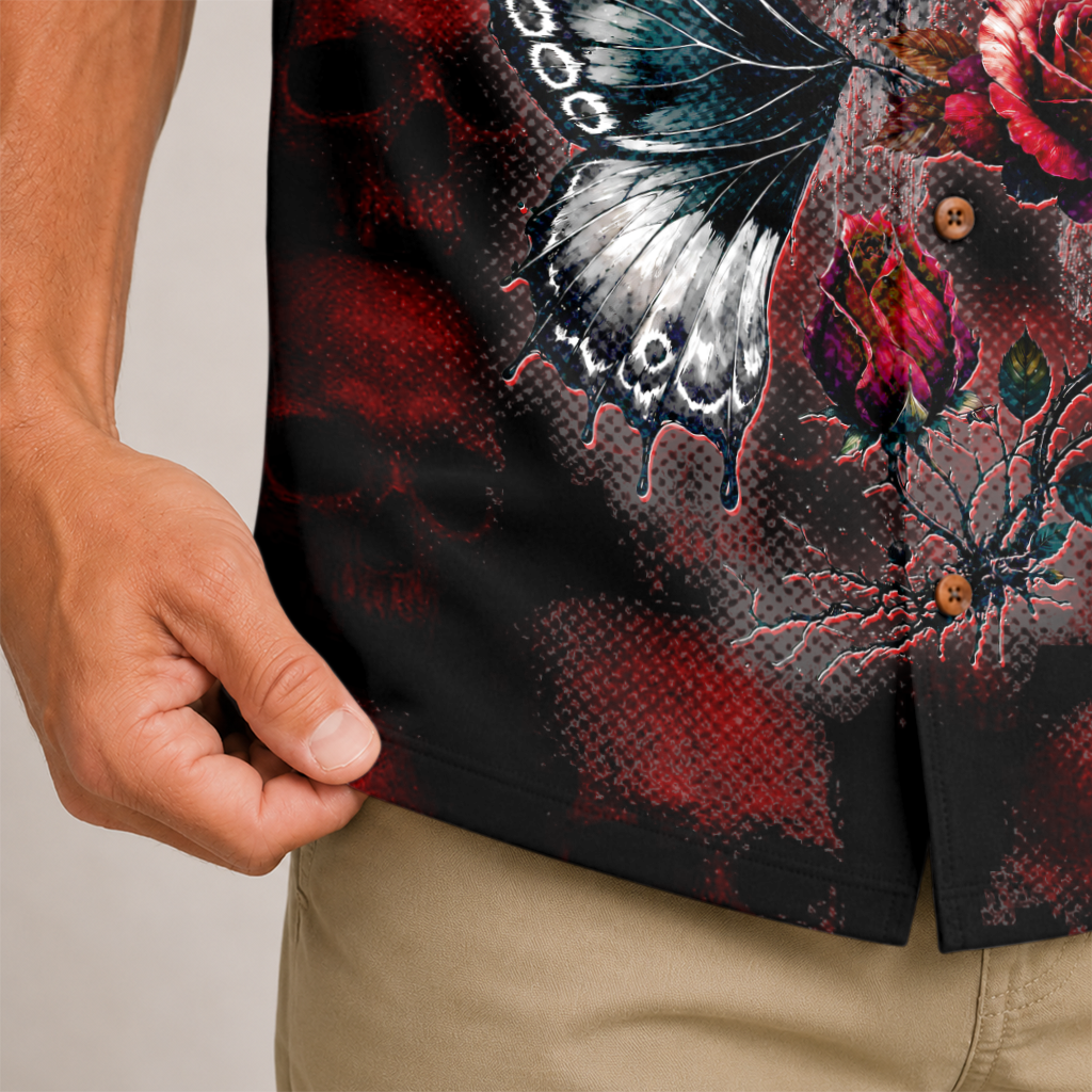 Hidden Skull Illusion Rose & Butterfly Hawaiian Shirt - Red Edition