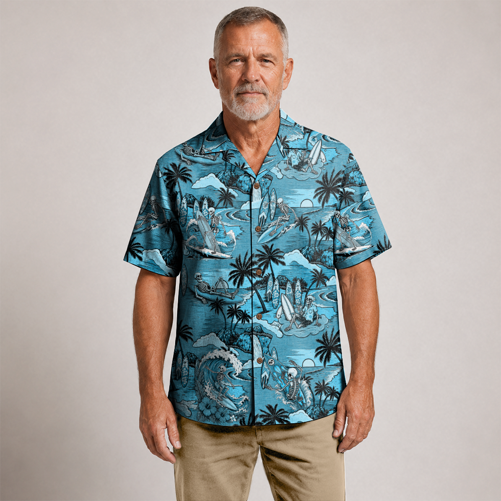 Endless Summer Surfing Skeleton Hawaiian Shirt - Blue Edition