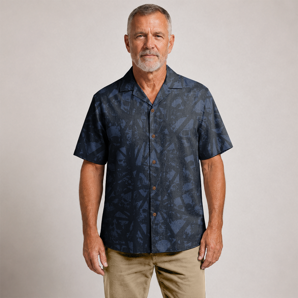 Deep Blue Skull Pattern Hawaiian Shirt - Navy Edition