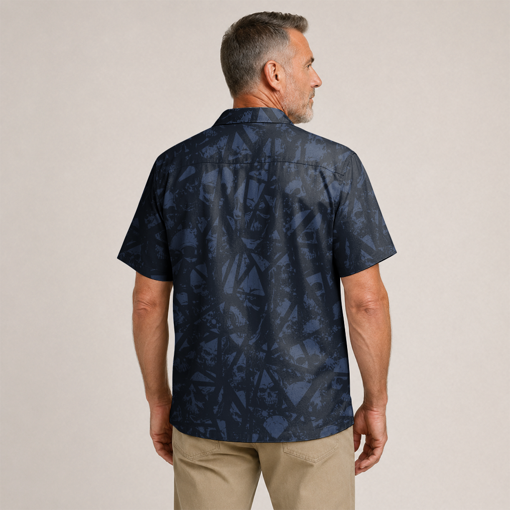 Deep Blue Skull Pattern Hawaiian Shirt - Navy Edition
