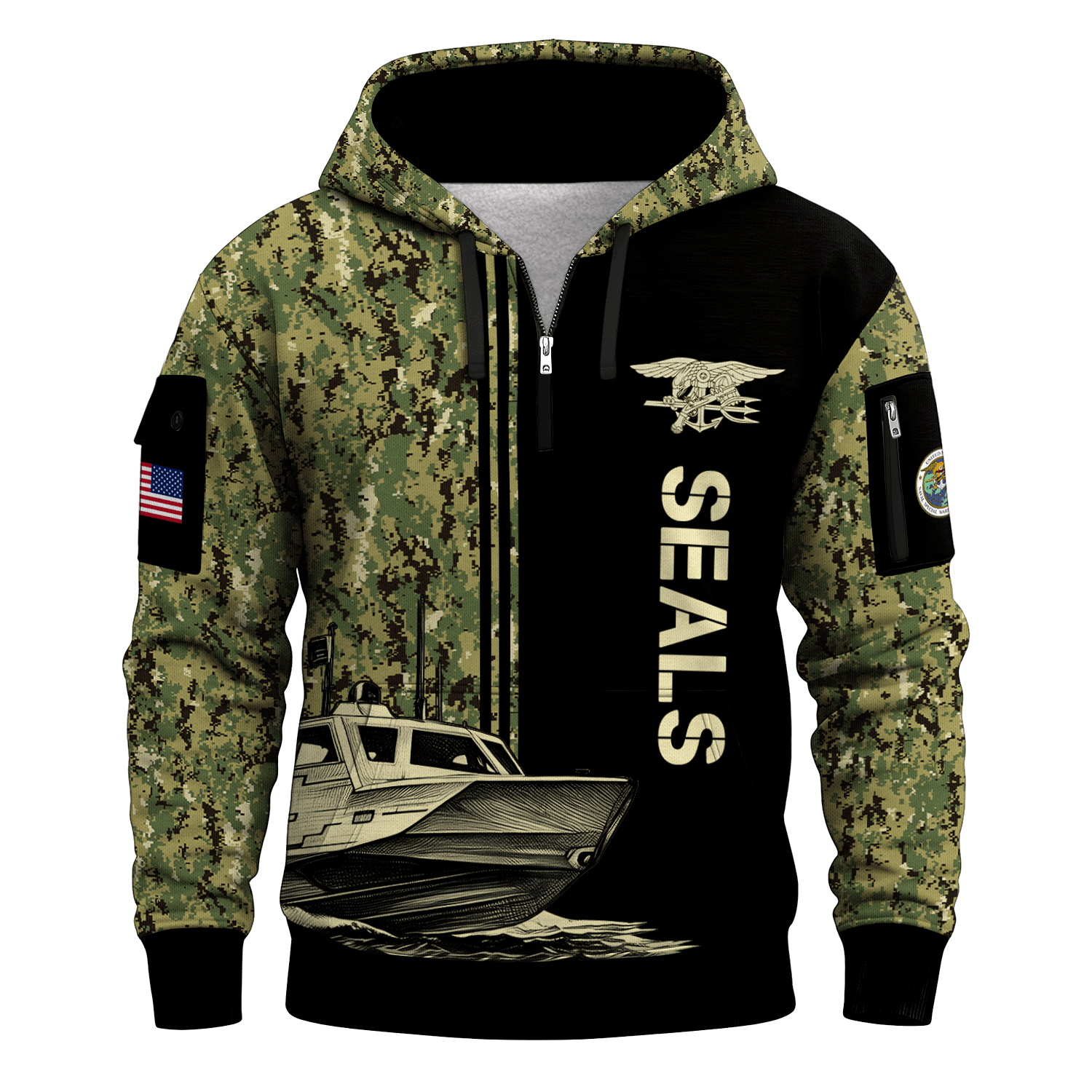 US Navy Naval Special Warfare 250th Years All-over Quater Zip Hoodie of Service