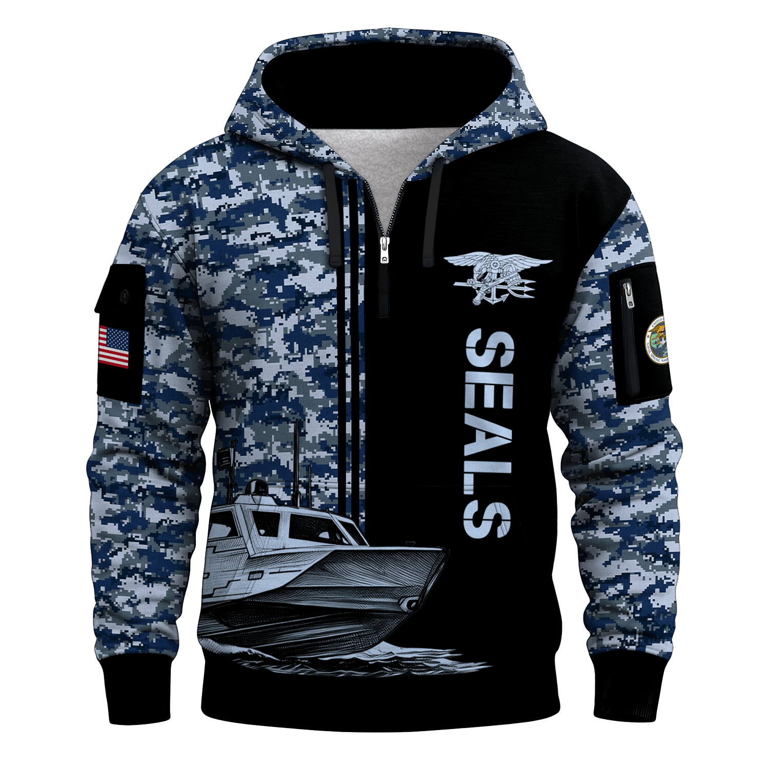 US Navy Naval Special Warfare 250th Years All-over Quater Zip Hoodie of Service