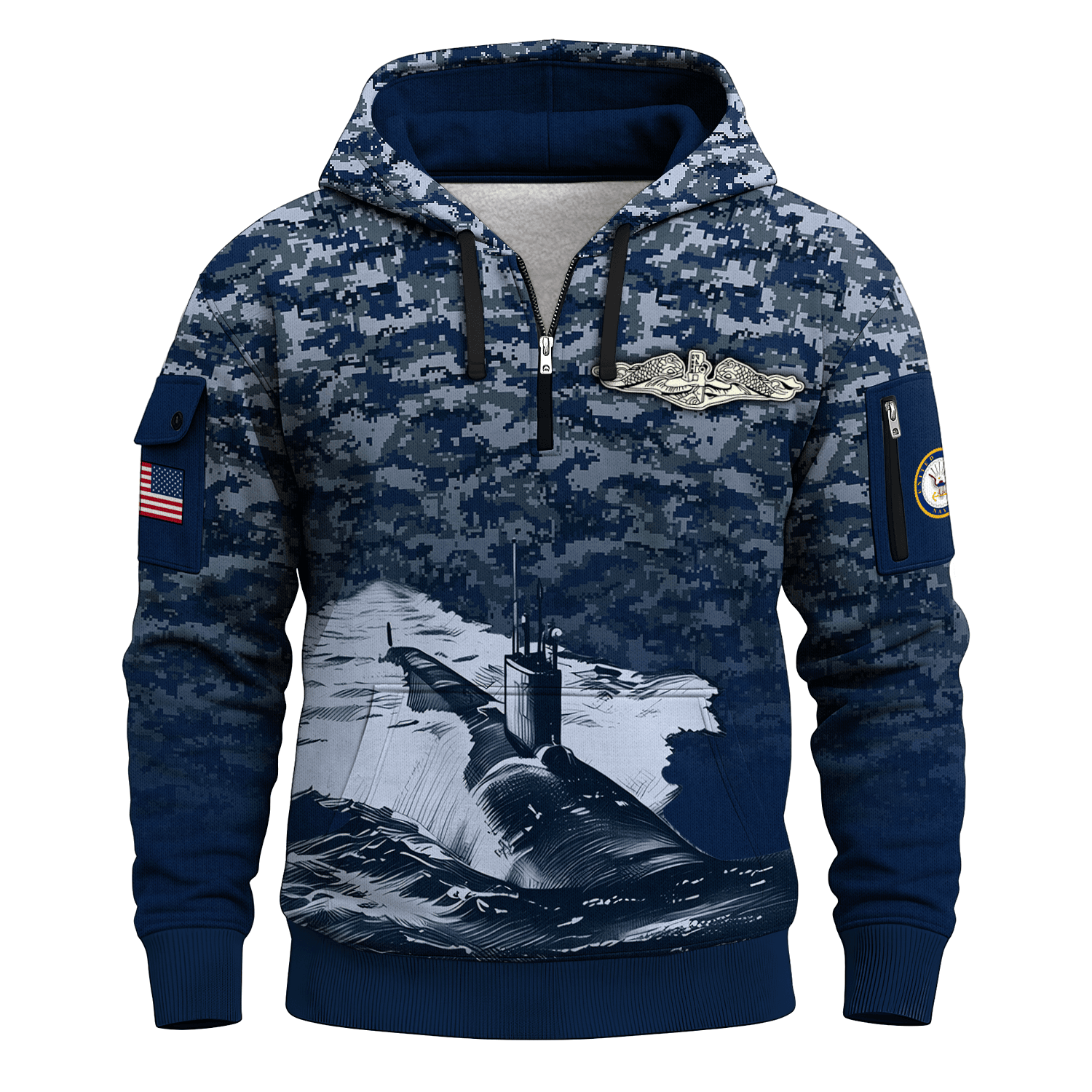 US Navy Submarine 250th Years All-over Quater Zip Hoodie of Service