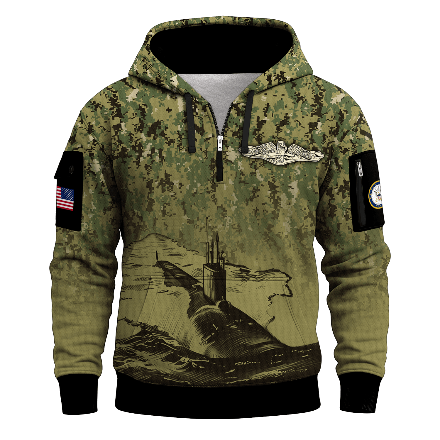 US Navy Submarine 250th Years All-over Quater Zip Hoodie of Service