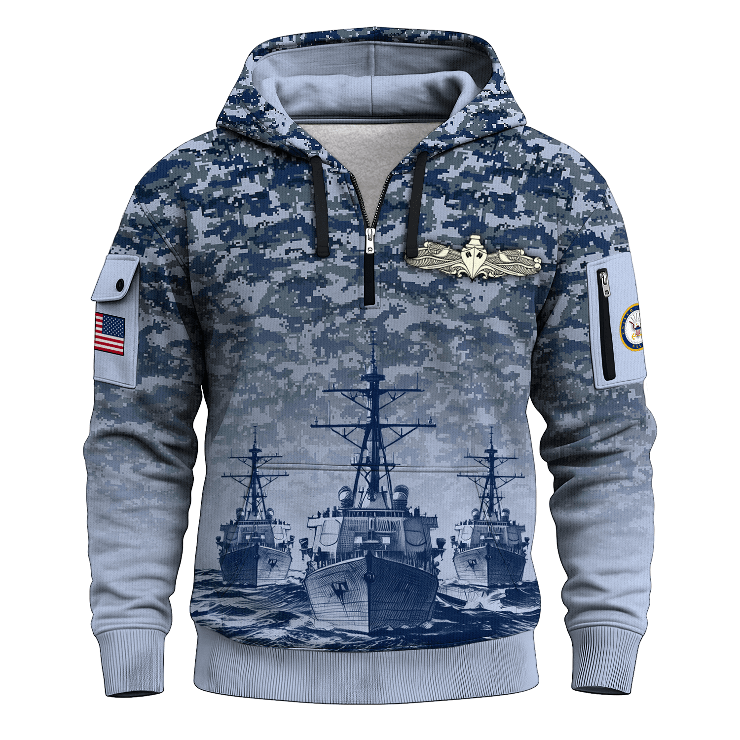 US Navy Surface Warfare 250th Years All-over Quater Zip Hoodie of Service