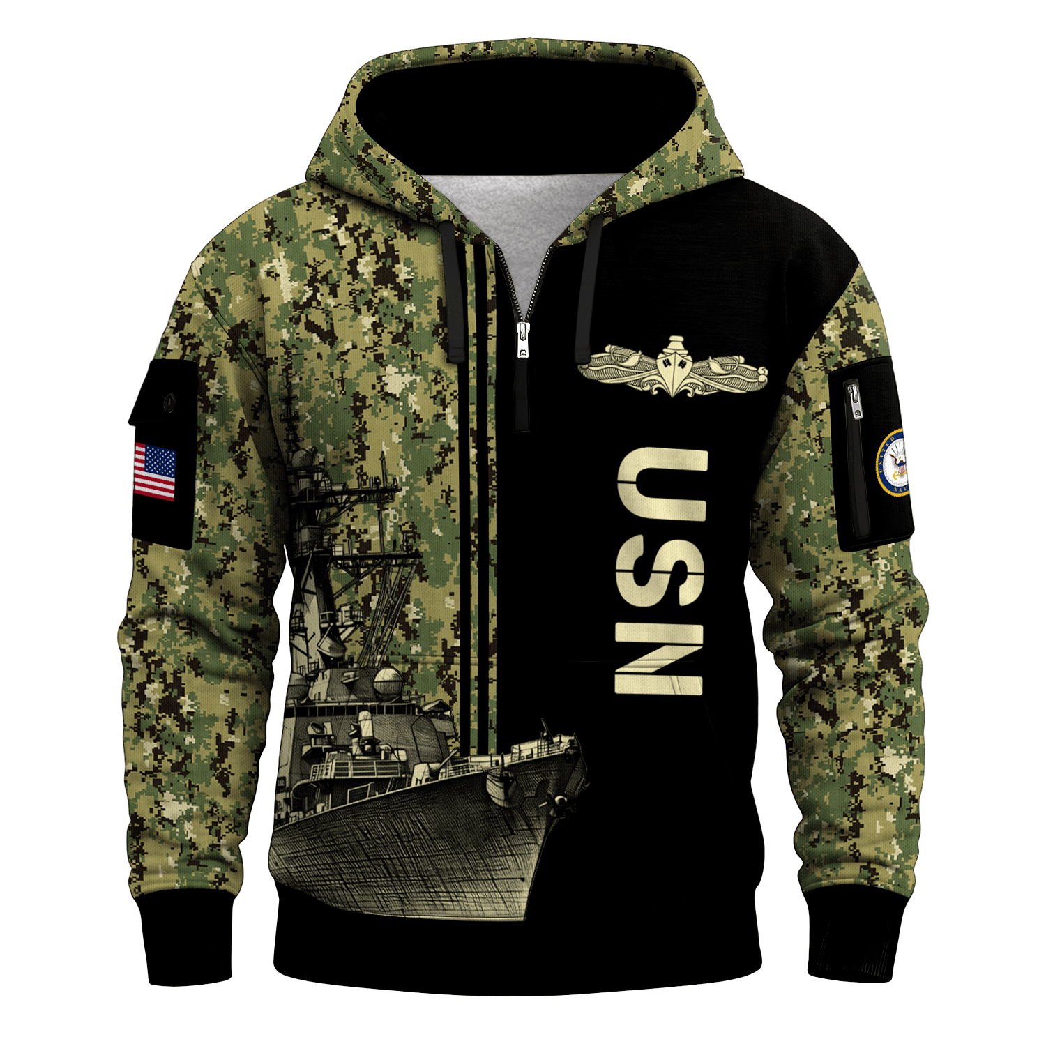 US Navy Surface Warfare 250th Years All-over Quater Zip Hoodie of Service