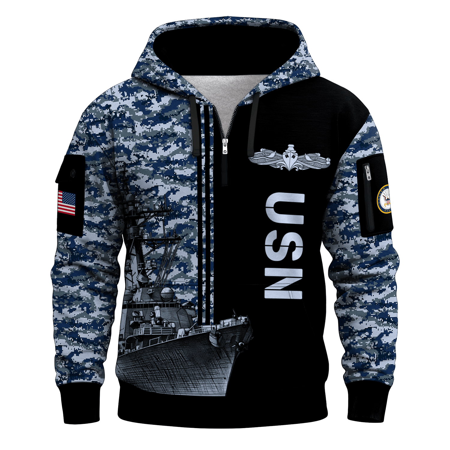 US Navy Surface Warfare 250th Years All-over Quater Zip Hoodie of Service
