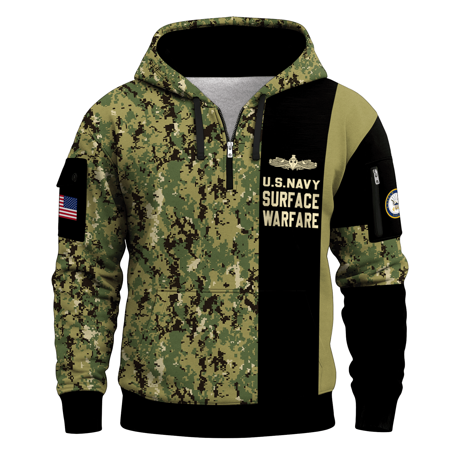 US Navy Surface Warfare 250th Years All-over Quater Zip Hoodie of Service