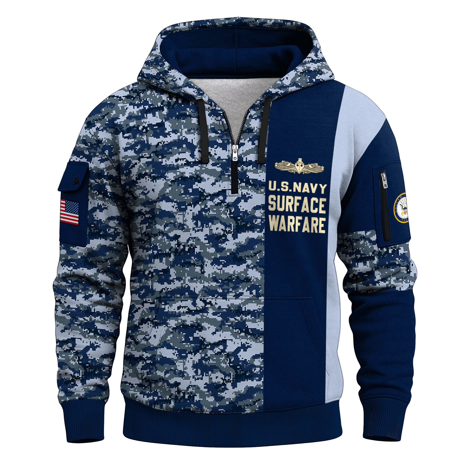 US Navy Surface Warfare 250th Years All-over Quater Zip Hoodie of Service
